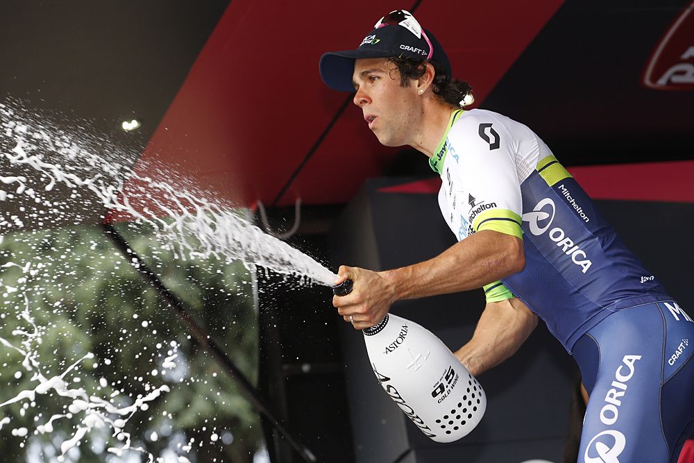 Michael Matthews (Orica-GreenEdge) celebrates his stage 3 win on the podium