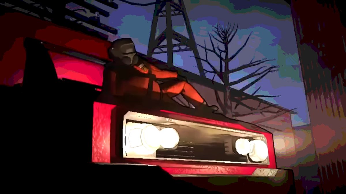 Lethal Company screenshot showing a man in an orange hazmat suit atop a red car, its headlights shining bright