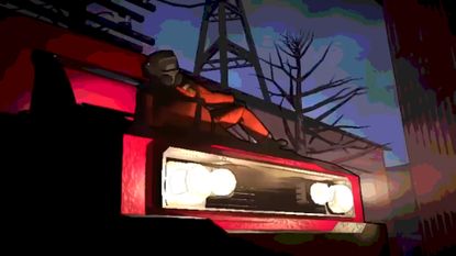 Lethal Company screenshot showing a man in an orange hazmat suit atop a red car, its headlights shining bright