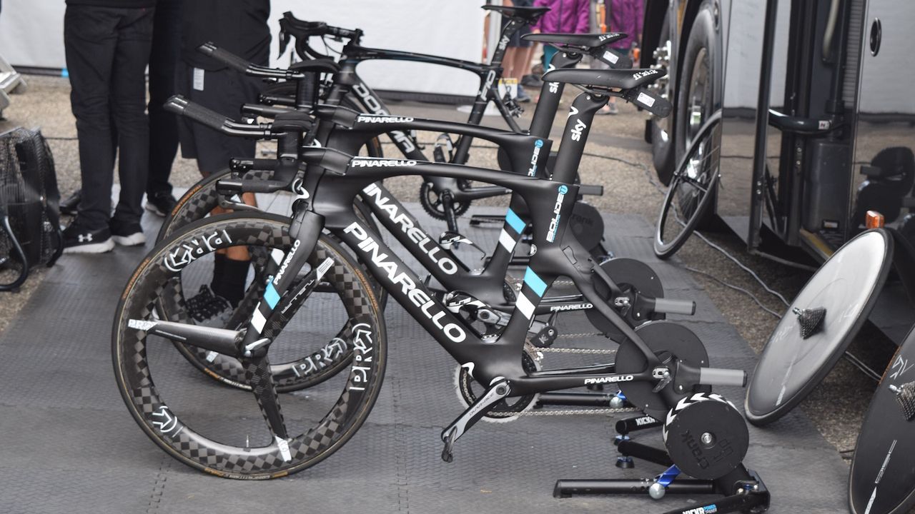 Team Sky riders each had a Wahoo Kickr setup for their warm-ups