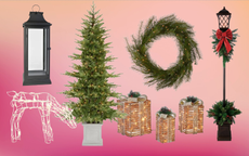 Images of outdoor Christmas decorations on a pink gradient background