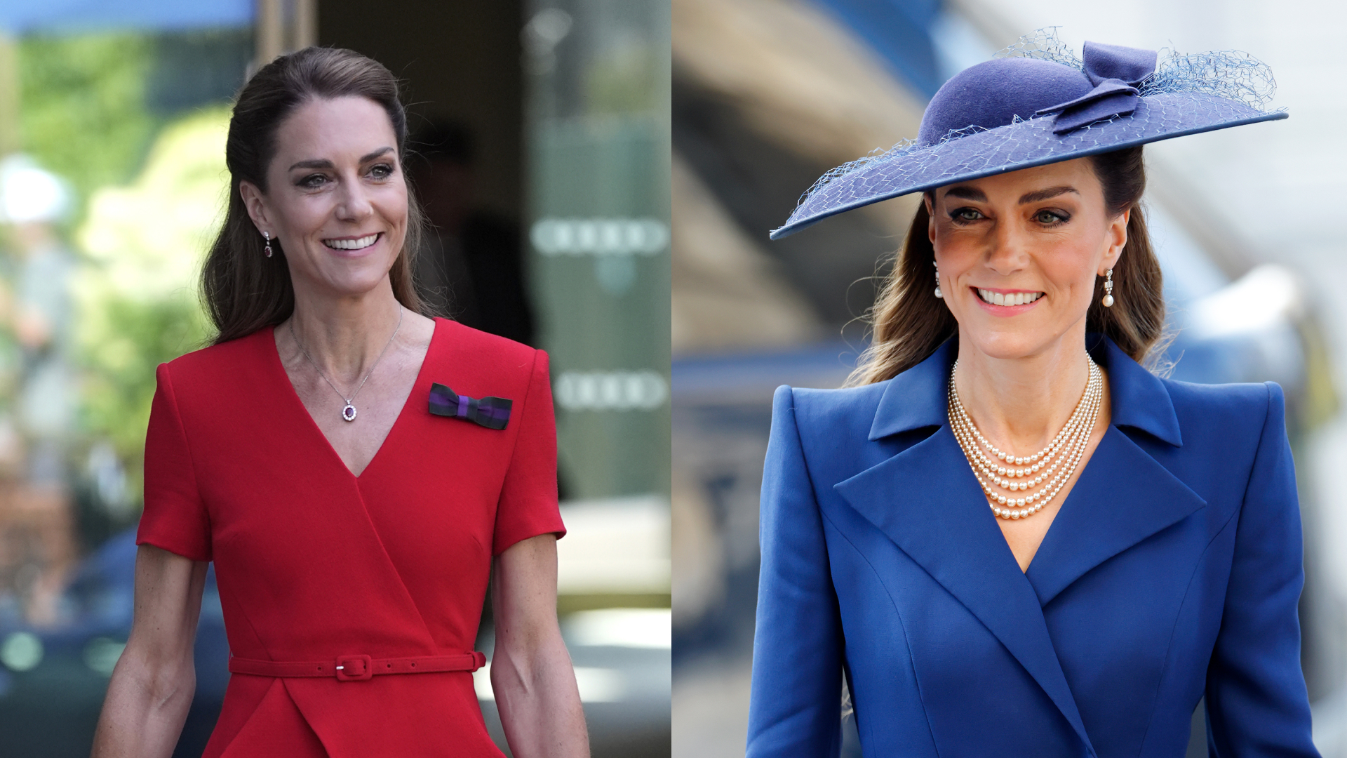 A split image of Princess Kate in a red dress and a blue coat