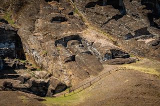 The tallest moai called Paro 10 metres (33 ft) high and weigh 82 tons at Rano Raraku moais at Rapa Nui (Easter Island)