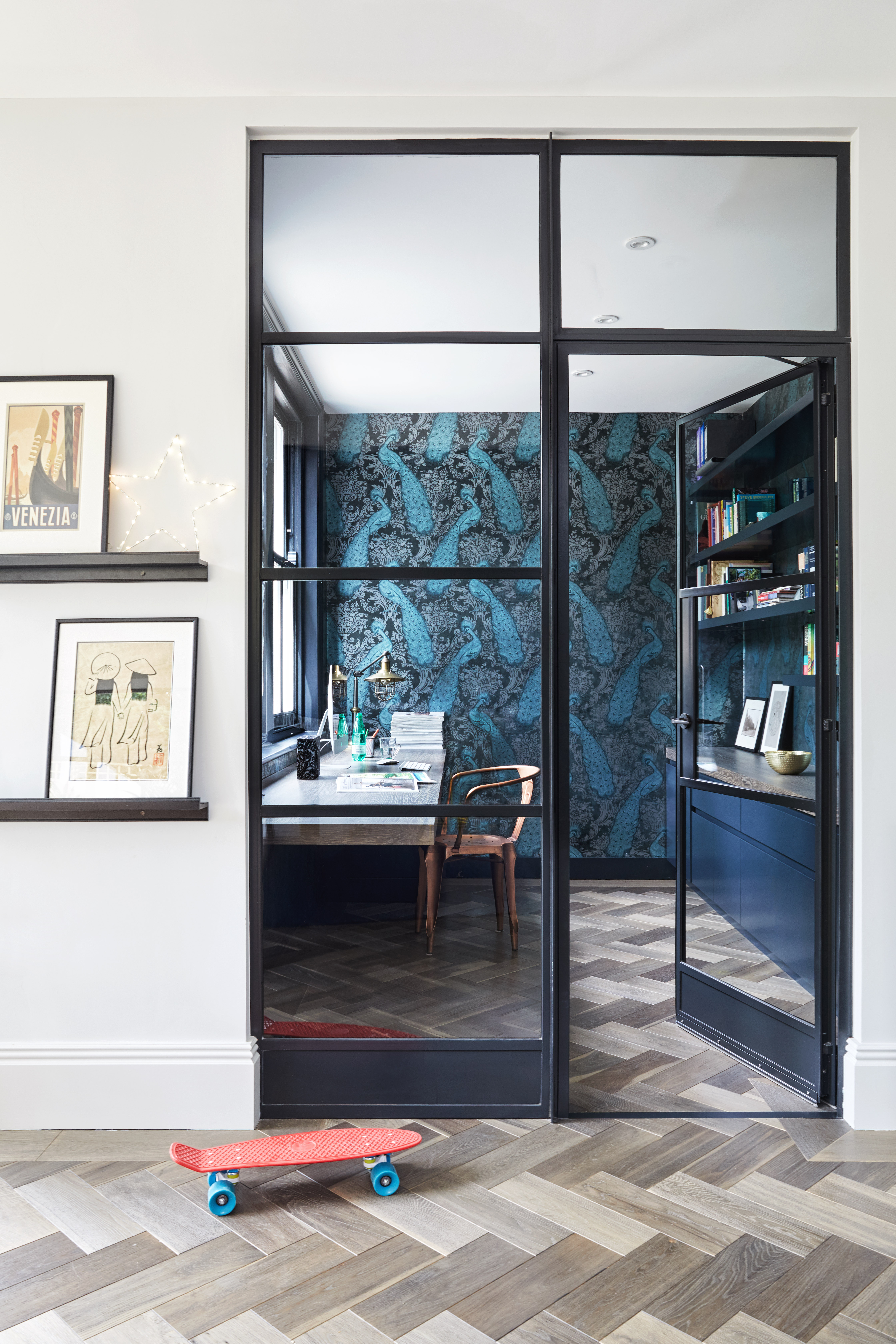 Home office behind glazed doors and panels