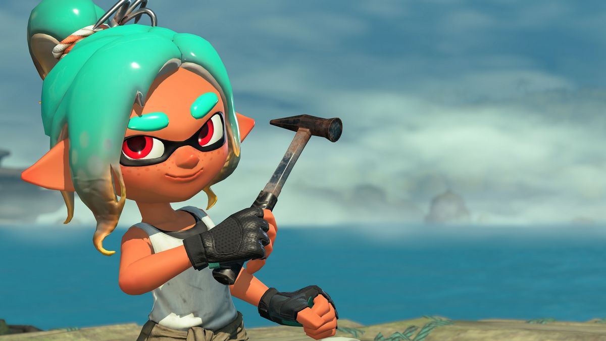 A squidlings stands in front of the ocean with a hammer in Splatoon Raiders