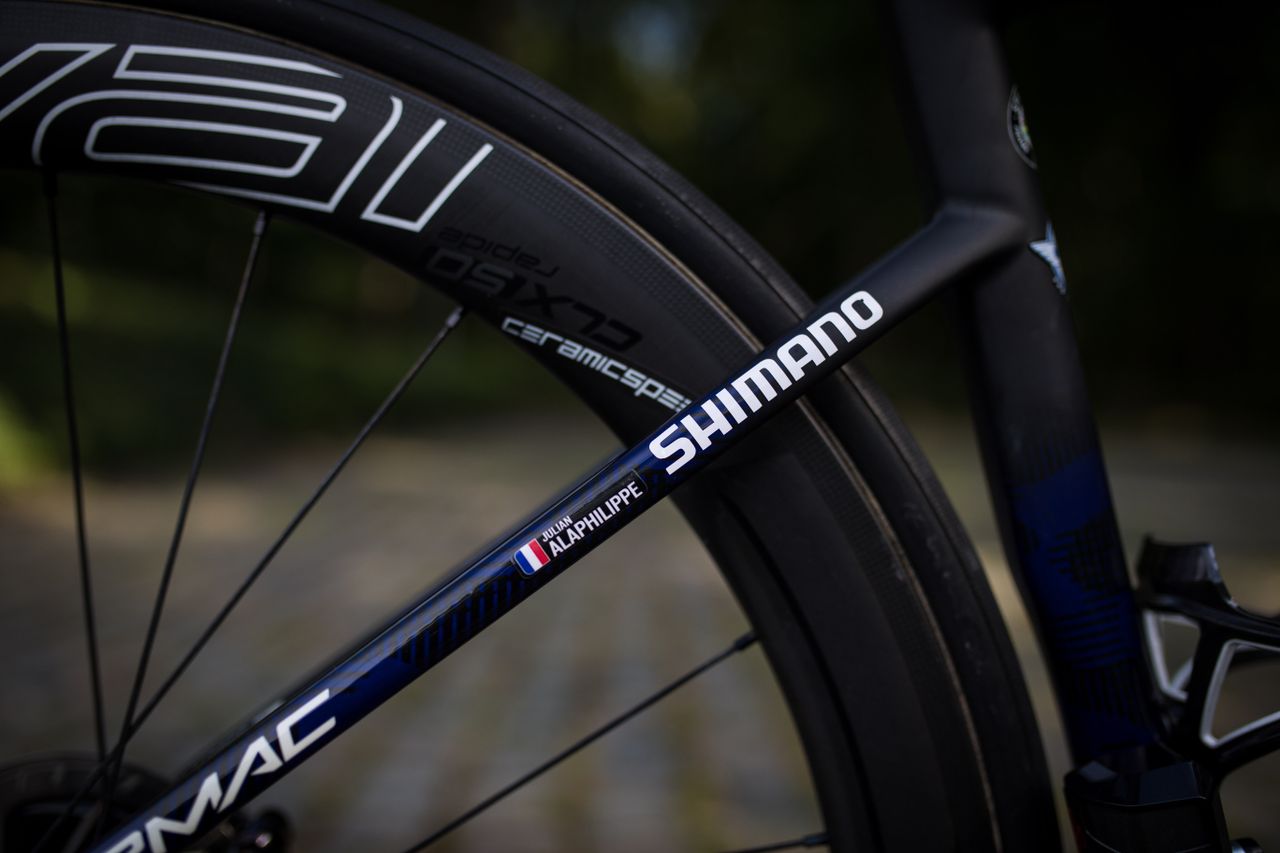 Alaphilippe's name decal sits on the seat stay of the frame