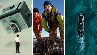 A three-way split image showing, left: The poster for Vivarium with a floating house. Middle: A shot of two fishermen from Grabbers. Right: The poster for Sea Fever, showing a ship from above, with the dark outline of tentacles spreading out below it in the water.