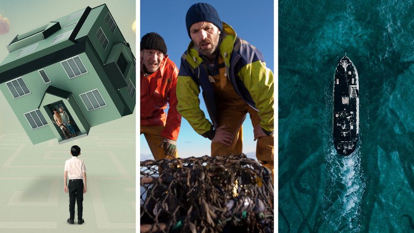 A three-way split image showing, left: The poster for Vivarium with a floating house. Middle: A shot of two fishermen from Grabbers. Right: The poster for Sea Fever, showing a ship from above, with the dark outline of tentacles spreading out below it in the water.