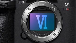 Close-up of a Sony A7R camera with the Roman numerals "VI" superimposed on the sensor