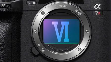 Close-up of a Sony A7R camera with the Roman numerals "VI" superimposed on the sensor