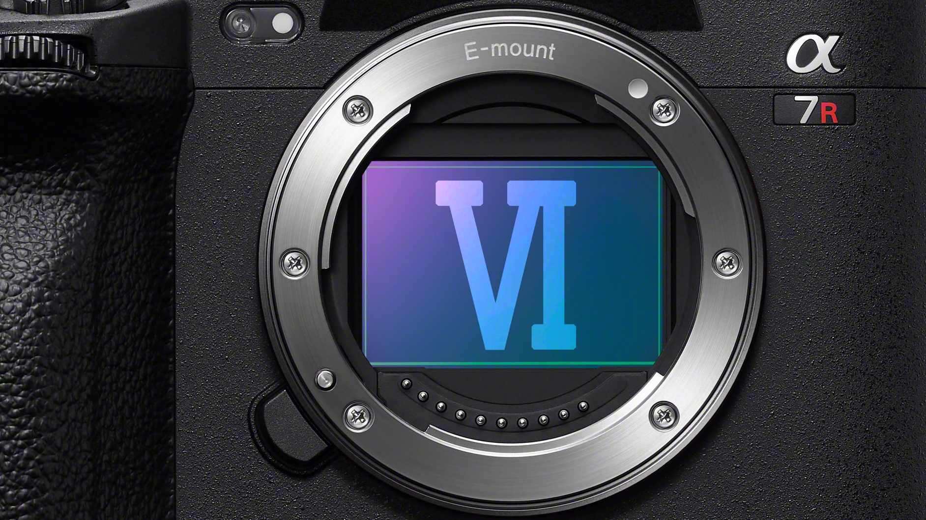 Close-up of a Sony A7R camera with the Roman numerals "VI" superimposed on the sensor