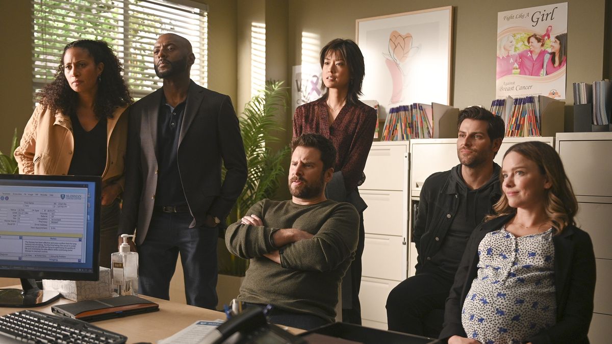 Christina Moses, Romany Malco, James Roday Rodriguez, Grace Park, David Giuntoli and Allison Miller in a doctor&#039;s office in A Million Little Things