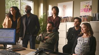 Christina Moses, Romany Malco, James Roday Rodriguez, Grace Park, David Giuntoli and Allison Miller in a doctor's office in A Million Little Things