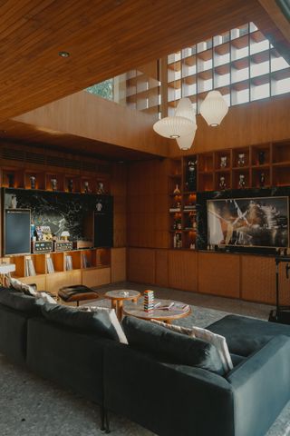 A living room with ceiling light