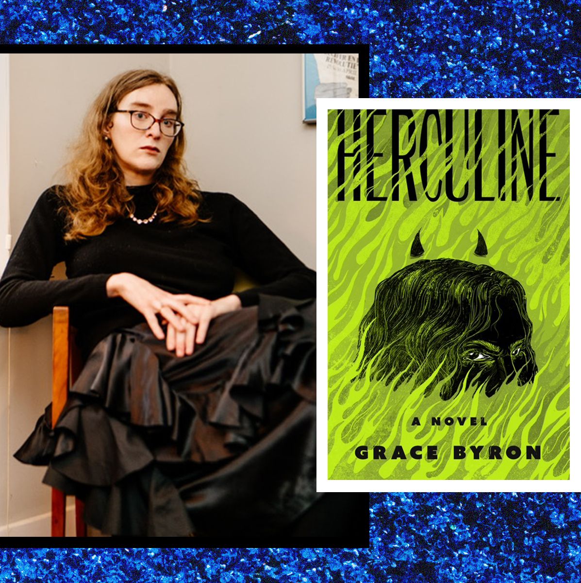 a split image of author grace byron wearing a black gown sitting in a chair and another image of the green demonic book cover of her book herculine
