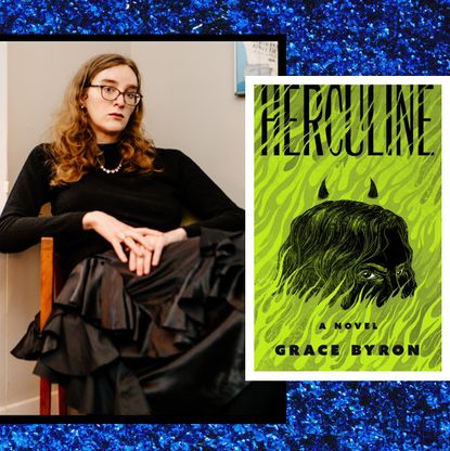 a split image of author grace byron wearing a black gown sitting in a chair and another image of the green demonic book cover of her book herculine