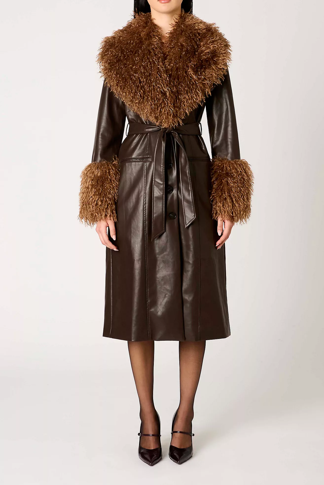 Nia Orla Espresso Faux Leather Mid-Length Faux Fur Trim Jacket