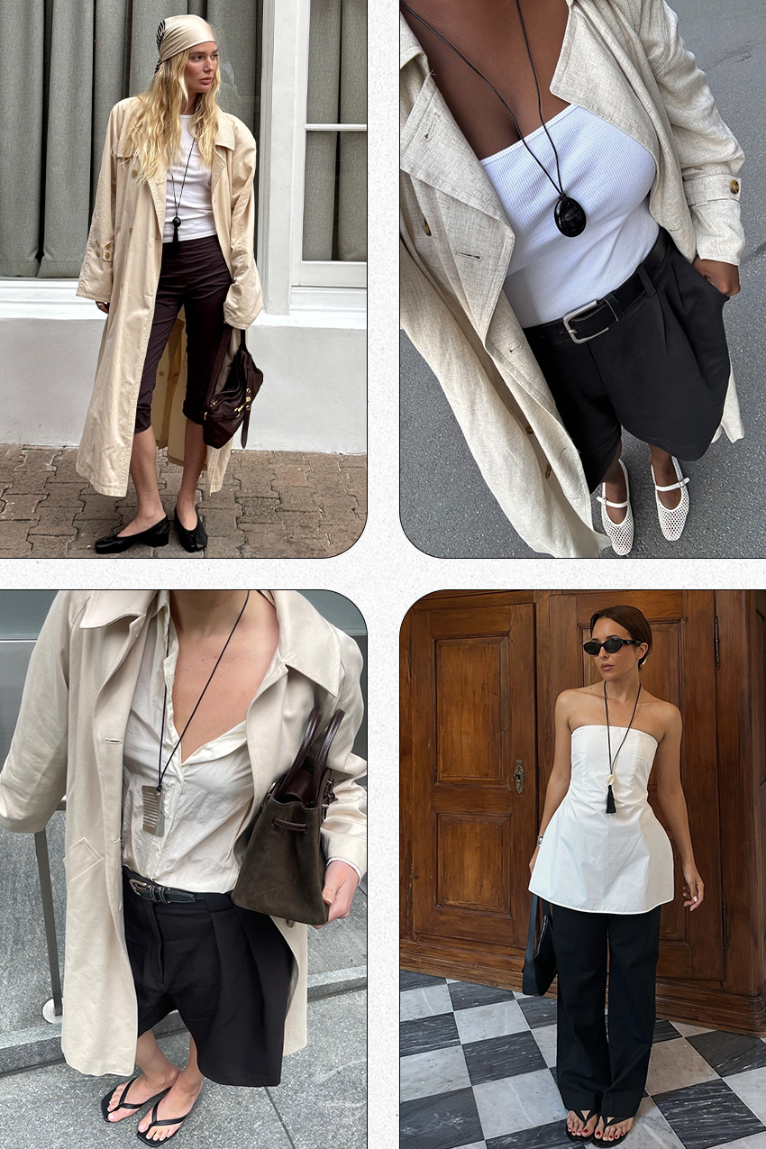 jewelry trends summer 2025 shown in a collage of photos of women wearing long necklaces