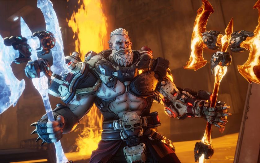 Borderlands 4 Slippy location: Amon with a determined facial expression as he holds two massive axes, an ice one in his right hand and a fire axe in his left hand.