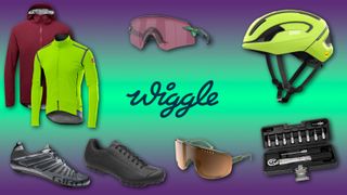 A collage of products from the Wiggle Black Friday sale, on a colourful background surrounding the Wiggle logo