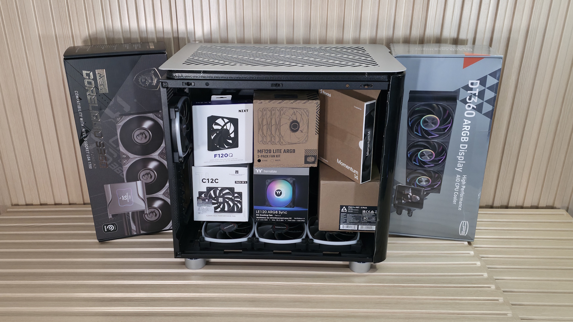 Case, fans and AIO on a desk