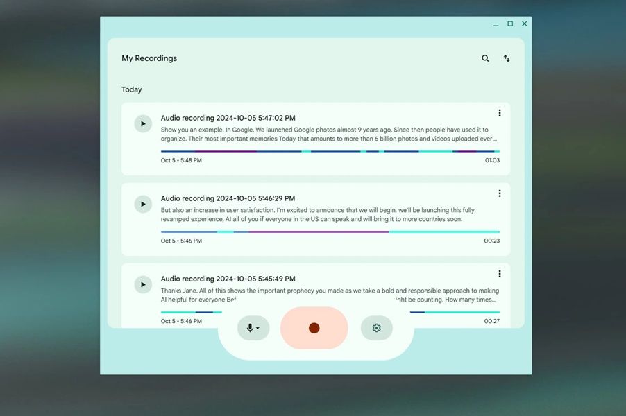 The home page of the Recorder app for Chromebooks will show a "card-style" approach and export/deletion options.
