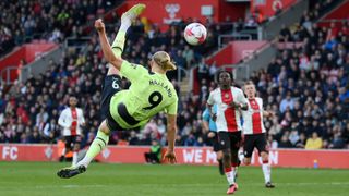 Erling Haaland scoring a goal for Manchester United in the Premier League on April 8, 2023