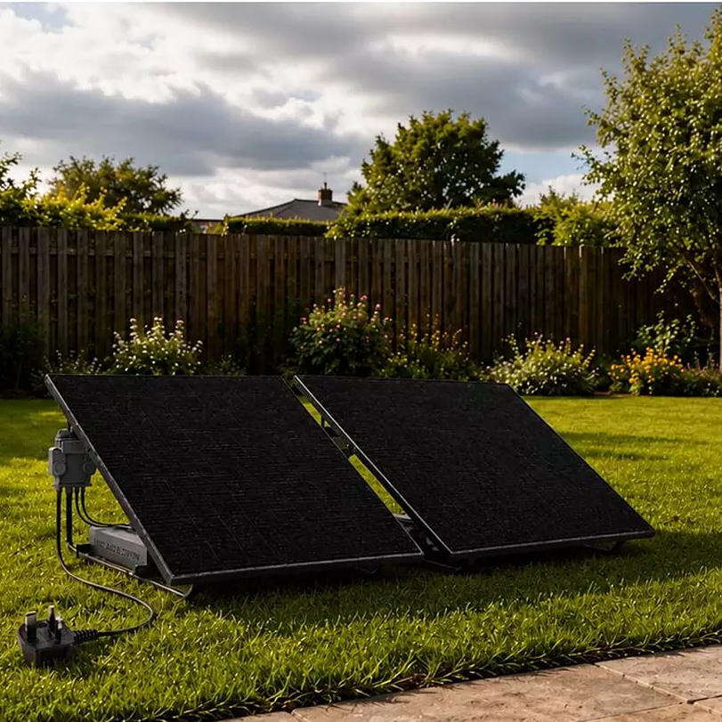 plug in solar panels mounted on stand in garden with lawn and fence