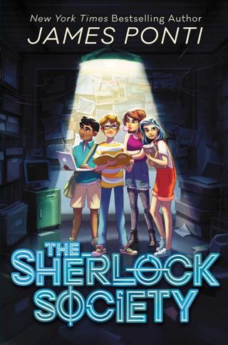 Book cover of "The Sherlock Society" with four teenagers doing detective work on the cover