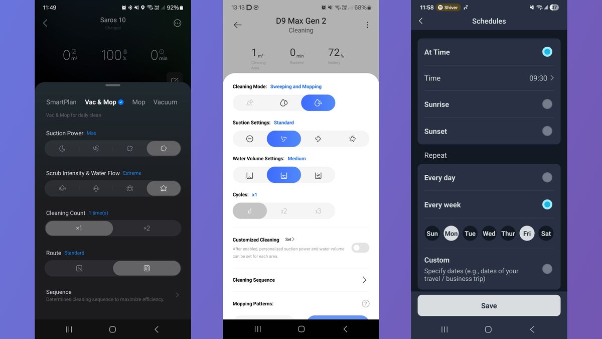 Screenshots from various robot vacuum apps
