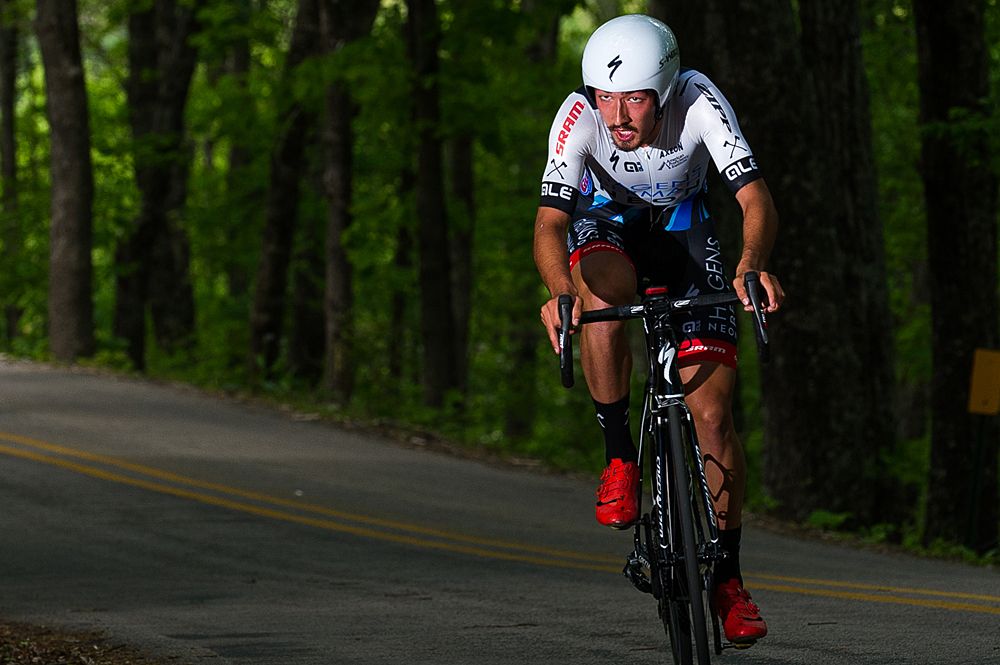 A Team Jamis (USA) rider looks up the road on the switchback section of the course.