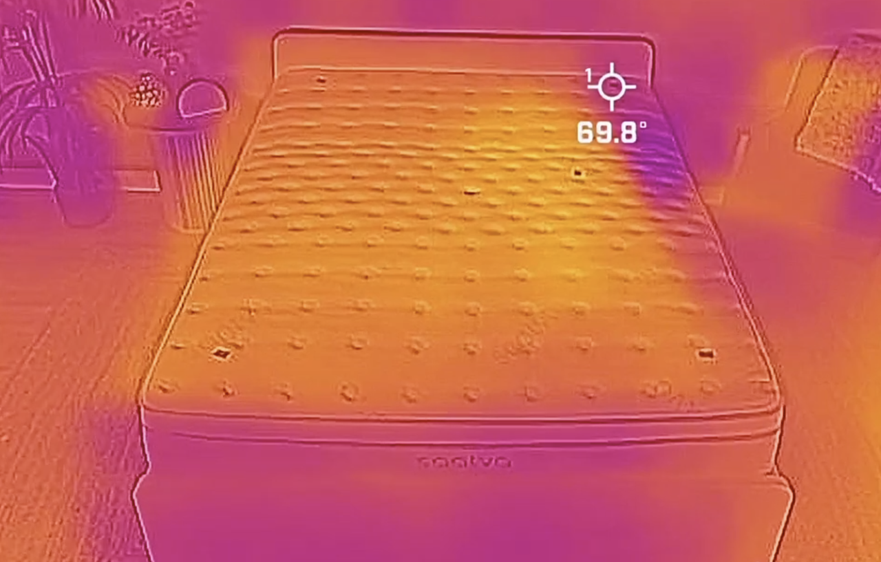This is an image taken by our thermal imaging camera during one of the temperature regulation tests we ran on the Saatva Classic Luxury Innerspring Hybrid mattress, during the heat dissipation stage of the test conducted once the tester had left the mattress. The image shows the Saatva Classic cooling significantly, kicking out any residual excess heat to regain its cool-to-the-touch feel.