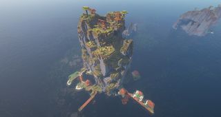 Minecraft seeds - A narrow but very tall pillar-like island with a village climbing its sides.