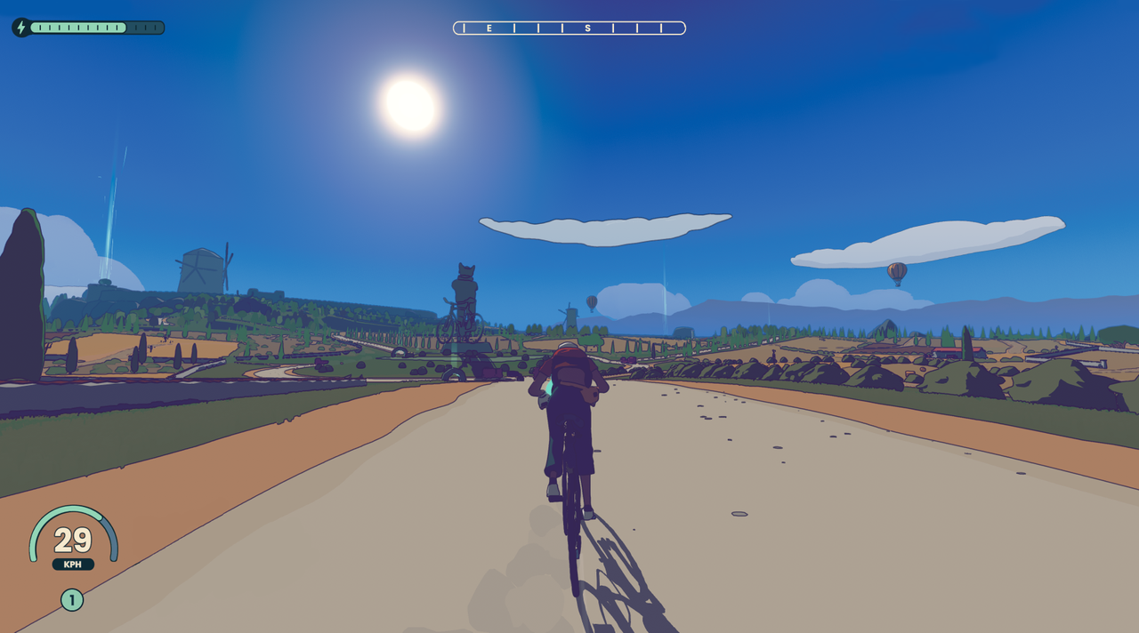 Wheel World indie developer interview; images from a video game of a cyclist riding through a stylised video game world