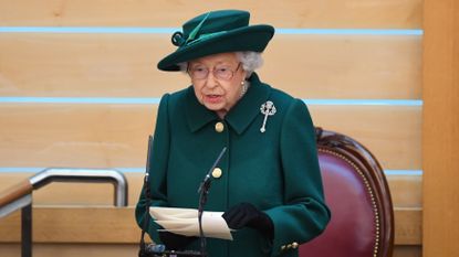 The Queen speaks about Prince Philip during Address to Parliament in the Debating Chamber during the opening of the sixth session of the Scottish Parliament on October 02, 2021 in Edinburgh, Scotland