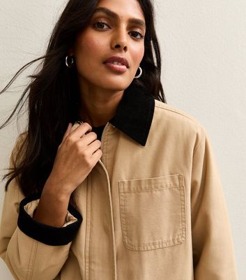 Stone Contrast Collar Midi Barn Jacket