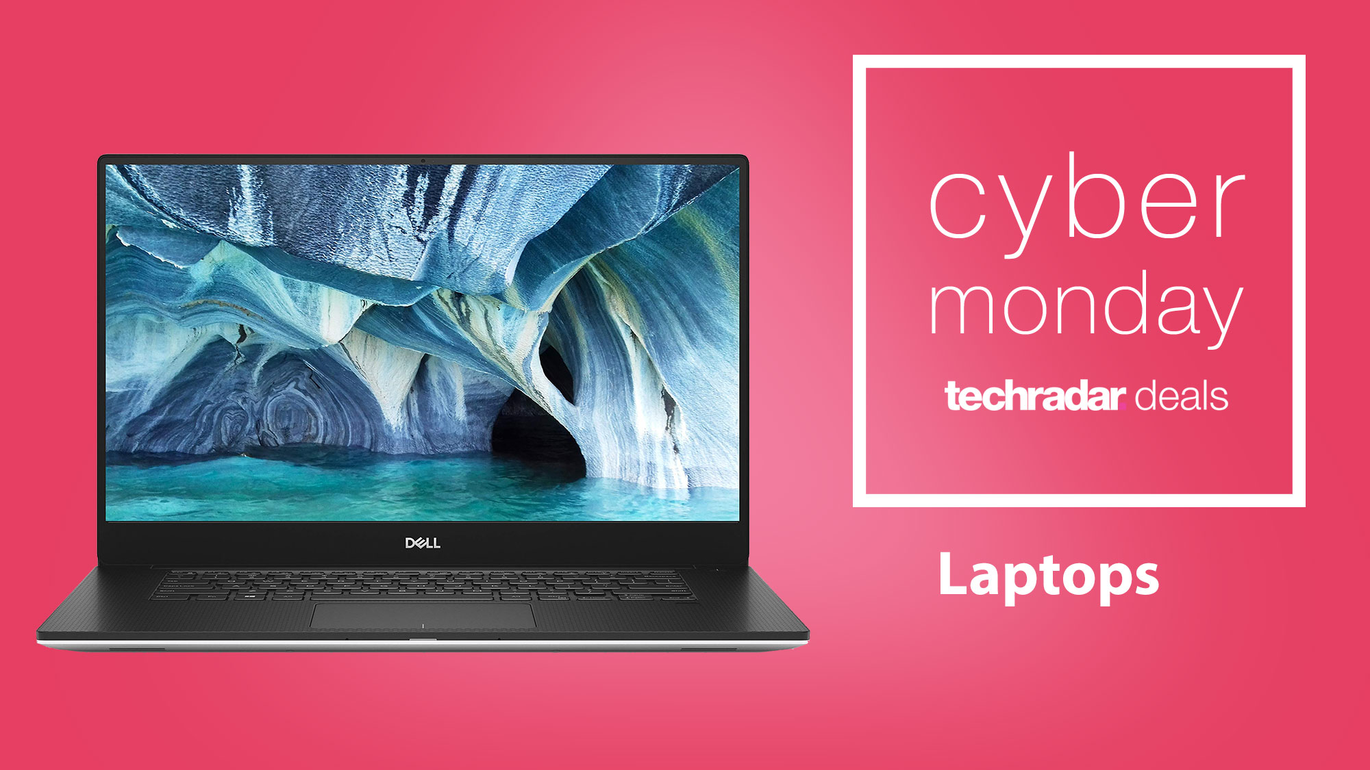 A Dell laptop on a pink background next to TechRadar's Cyber Monday deals logo