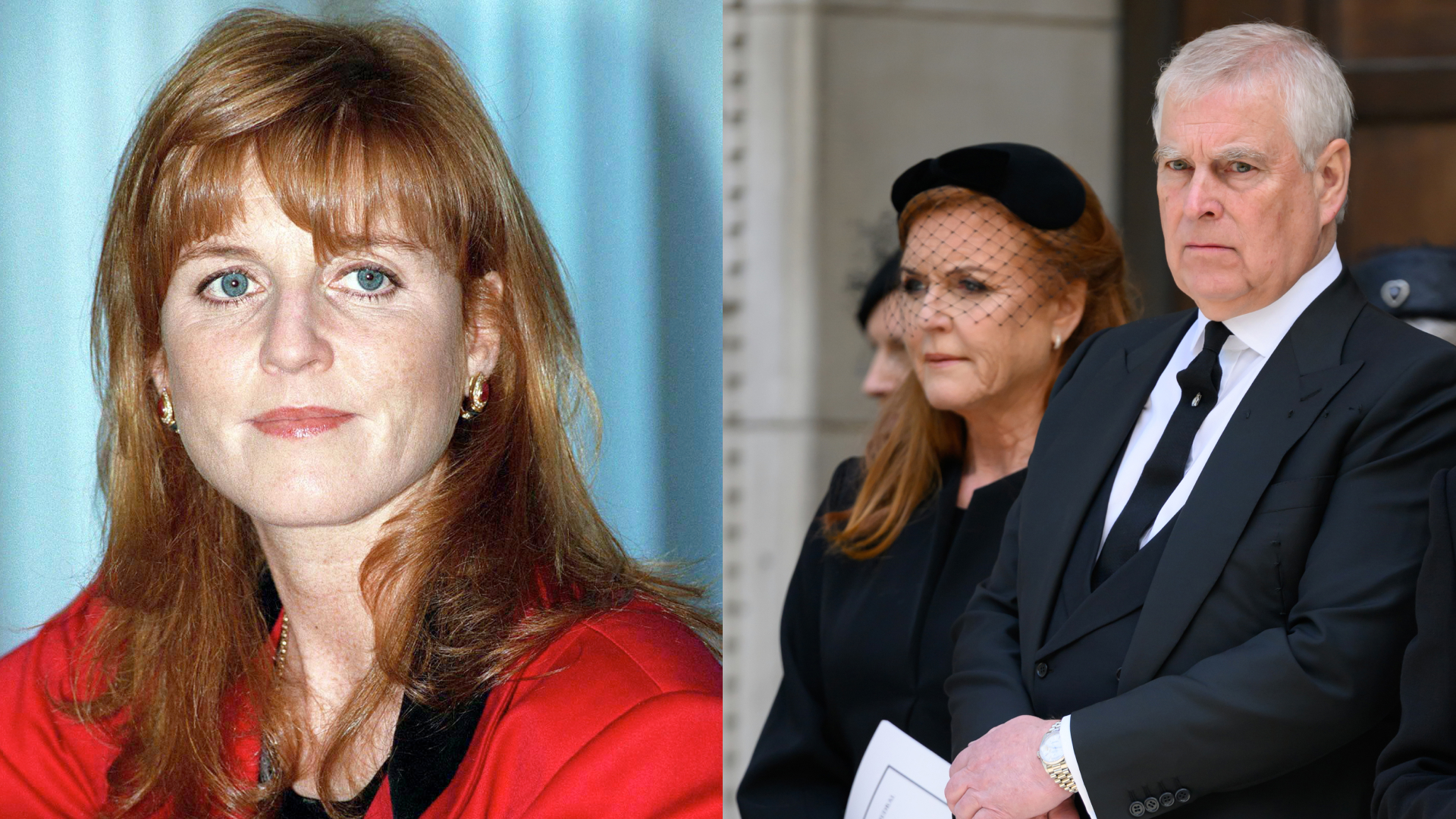 Sarah Ferguson wearing a red blazer in 1996; Sarah Ferguson and Andrew Mountbatten-Windsor at the Duchess of Kent's funeral