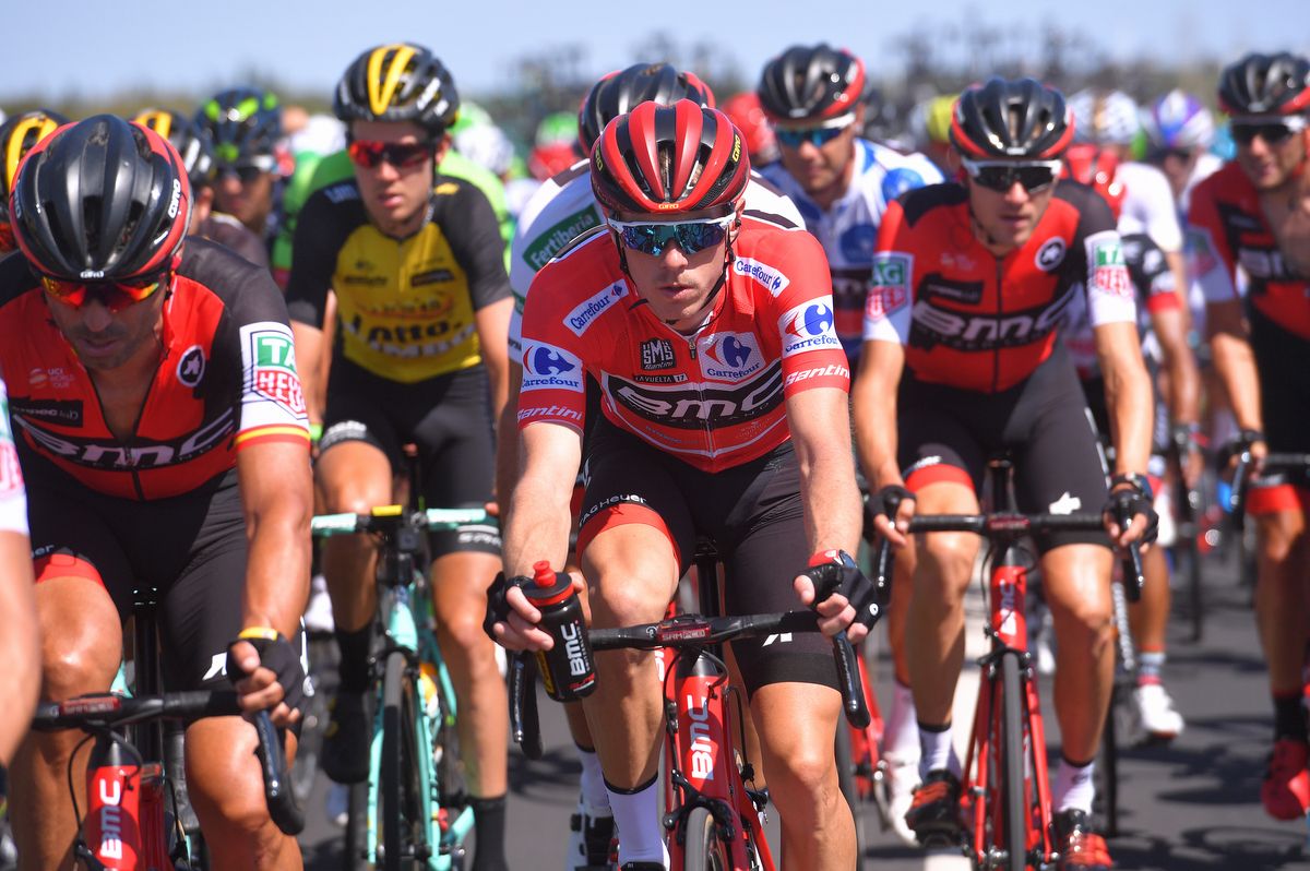 Rohan Dennis decked out in the leader's red jersey