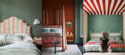 Three examples of bedroom accent wall paint ideas. Green painted wall with upholstered fabric headboard. Red and green bedroom with four poster bed. Twin bedroom with pink and white striped painted ceiling, blue-green accent wall behind beds.