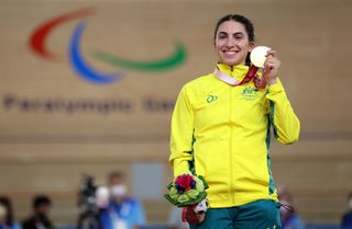 TOKYO JAPAN AUGUST 25 Gold medalist Paige Greco of Team Australia poses during the medal ceremony for Track Cycling Womens C13 3000m Individual Pursuit on day 1 of the Tokyo 2020 Paralympic Games at Izu Velodrome on August 25 2021 in Izu Japan Photo by Kiyoshi OtaGetty Images