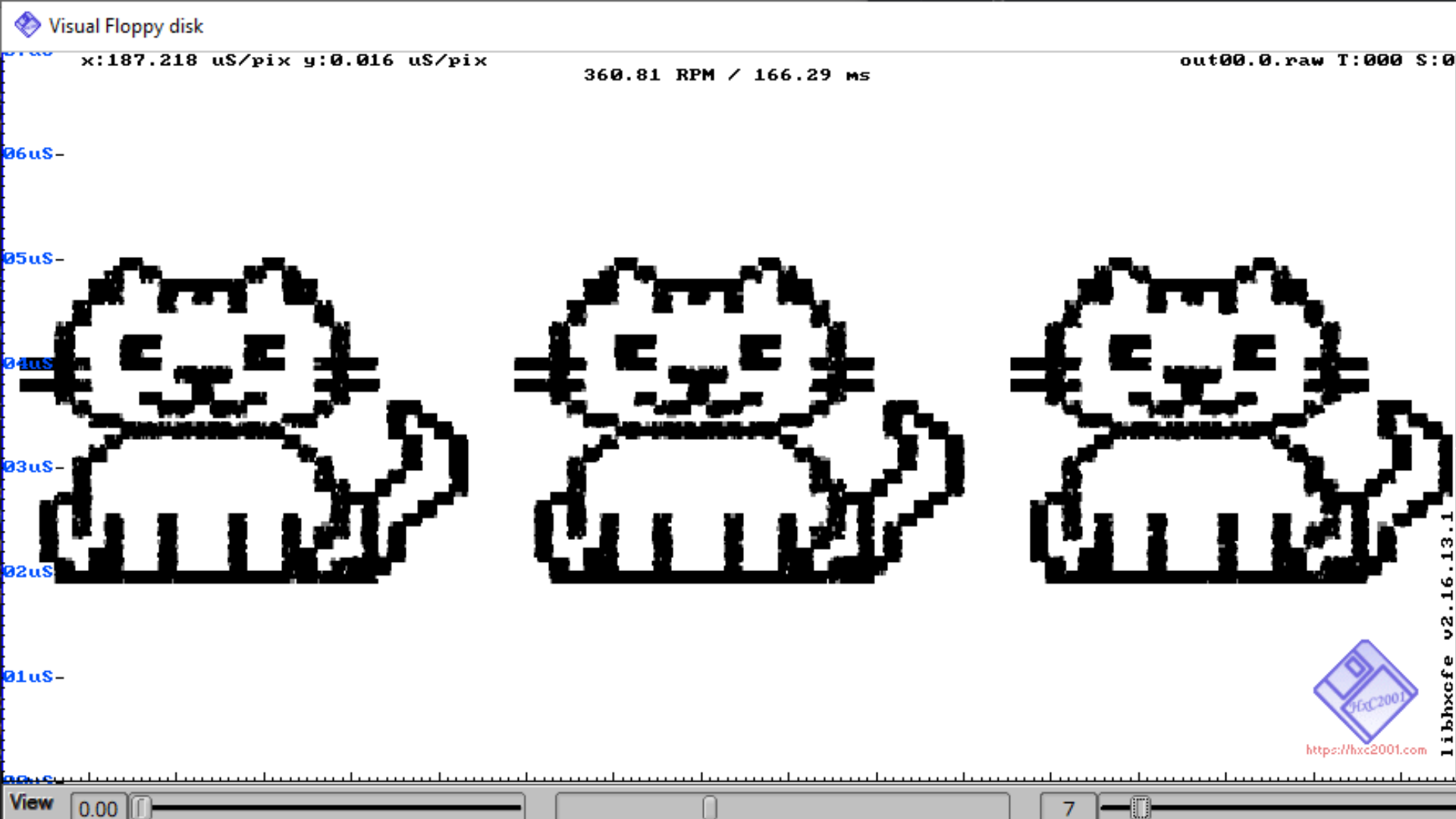 Pixel art, painted onto a virtual floppy's magnetic disk using the pbm2track software.