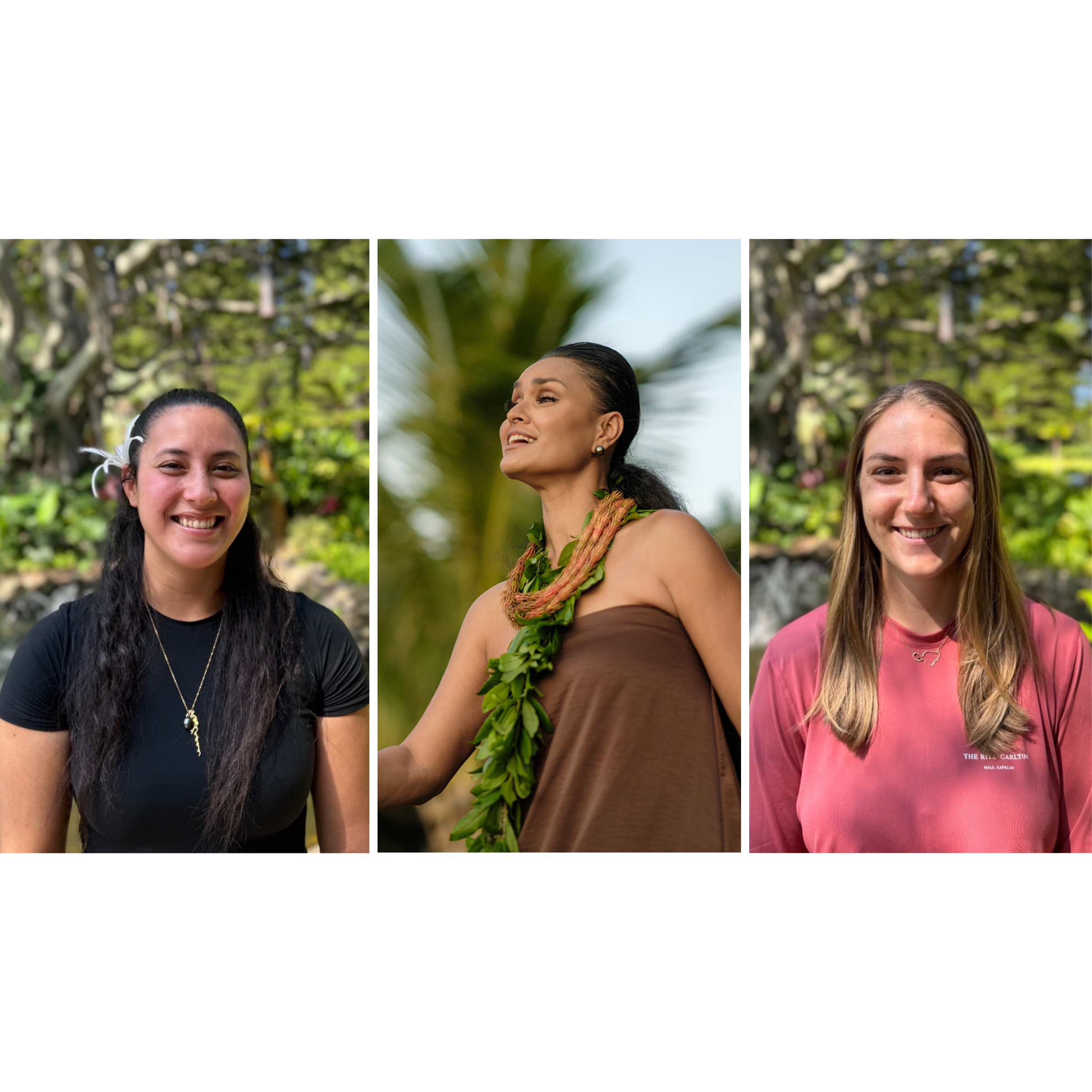 From left to right, Kapua Zarrin-Taj Whitford, Alaana Seno, and Allison Strassburg pictured outdoors in Hawaiʻi, with lush greenery and palm trees in the background.
