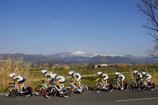 The Vacansoleil team races in front of a spectacular backdrop
