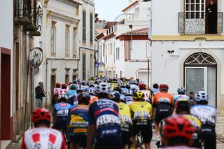 LAGOS PORTUGAL FEBRUARY 14 A general view of the peloton competing during the 50th Volta ao Algarve em Bicicleta 2024 Stage 1 a 2008km stage from Portimao to Lagos on February 14 2024 in Lagos Portugal Photo by Dario BelingheriGetty Images