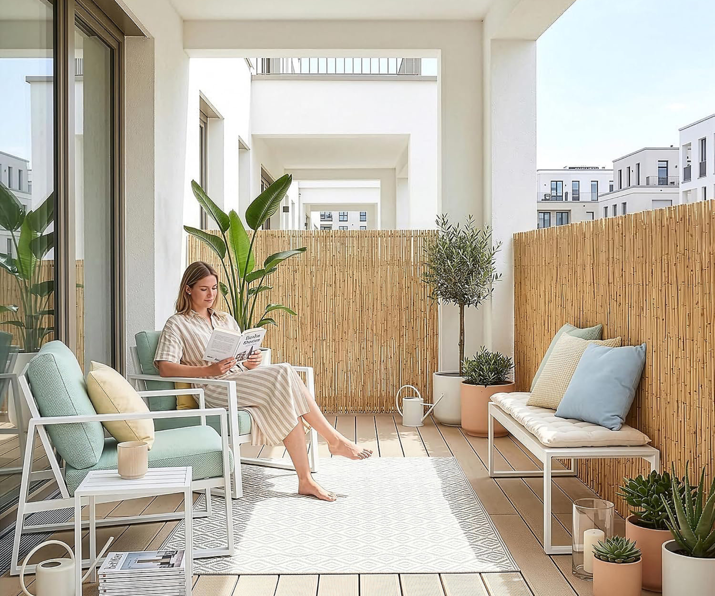 balcony with bamboo fence roll used to screen around the seating area