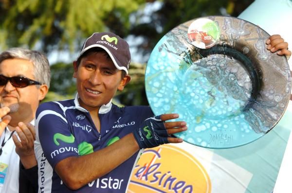 Nairo Quintana poses with his Giro dell'Emilia trophy