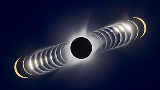 Here’s a variation on creating a time-sequence composite of the August 21, 2017 total solar eclipse In this case, time runs from left to right, from the last filtered partial phases I shot, through unfiltered shots of the rapidly changing last glimmer of sunlight disappearing behind the advancing Moon at “Second Contact,” forming “Baily’s Beads, to totality at centre] The sequence continues at right with the Sun emerging from behind the Moon in a rapid sequence at “Third Contact,” followed by two post-totality filtered partials to bookend the total eclipse images The C3 limb had a beautiful array of pink prominences The Contact 2 and 3 images were taken in rapid-fire continuous mode and so are only fractions of a second apart in real time Most are 1/4000th second exposures The totality image is a blend of 7 exposures, from 1/1600 second to 1/15 second to preserve detail in the corona from inner to middle corona These were aligned, and merged into a smart object and blended with a Mean combine stack mode It is not an HDR image I added a couple of layers of High Pass filtering to sharpen structure in the corona The partials are 1/2500-second exposures through a Thousand Oaks metal-on-glass solar filter for the yellow colour All were taken through an Astro-Physics 106mm apochromatic refractor with a 085x field flattener/reducer for an effective focal length of 500mm at f/5 The flattener added some flares off the diamond rings The telescope was on an AP Mach One equatorial mount, aligned and tracking the sky, a rare circumstance for me for any total solar eclipse The placement of the frames here only roughly matches the actual position and motion of the Sun across the sky during the time around totality Partials and C2 and C3 images layered into Photoshop and blended into the background totality image with a Lighten blend mode, and masked to reveal just the wanted bits of each arc The site was north of Driggs, Idaho in t(Photo by: Alan Dyer/VW Pics/UIG via Getty Images)