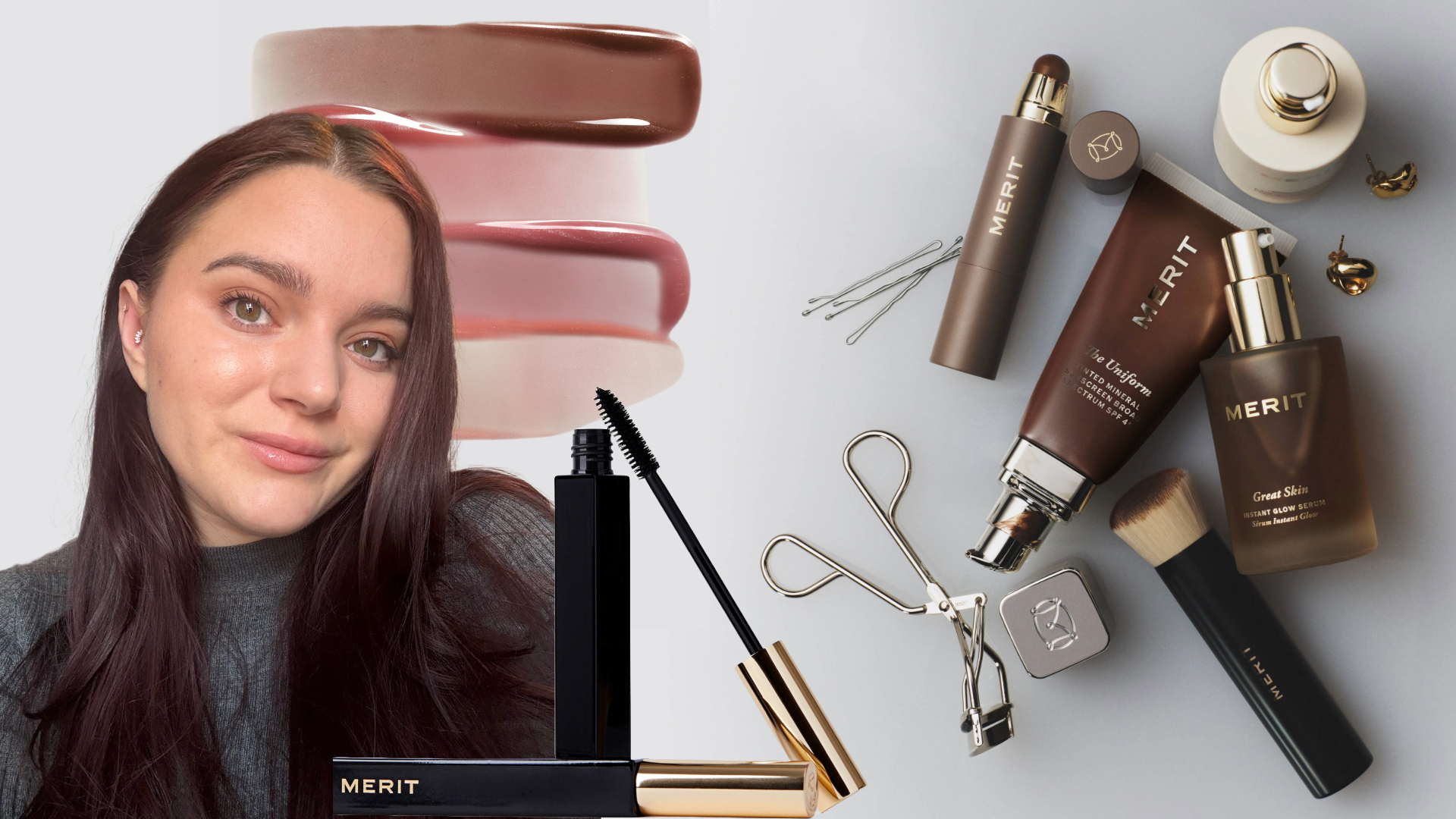 Brooke knappenberger wearing merit beauty makeup overlaid flat lays of merit products and swatches of merit lip glosses