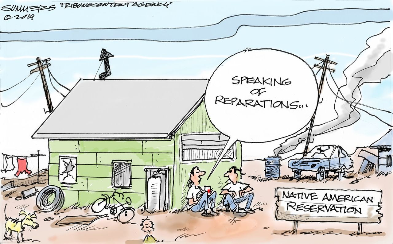 Political Cartoon U.S. Reparations Native Americans Reservation